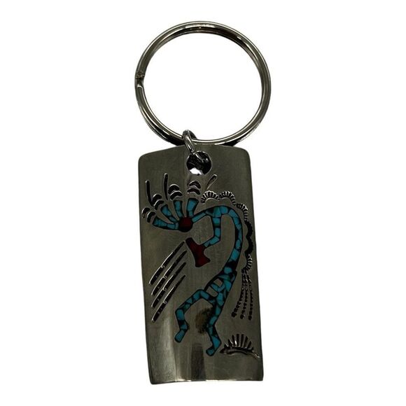 Navajo Sterling Tone And Turquoise Inlay KeyRing Tribal Dancer Key Chain Signed - Picture 1 of 7